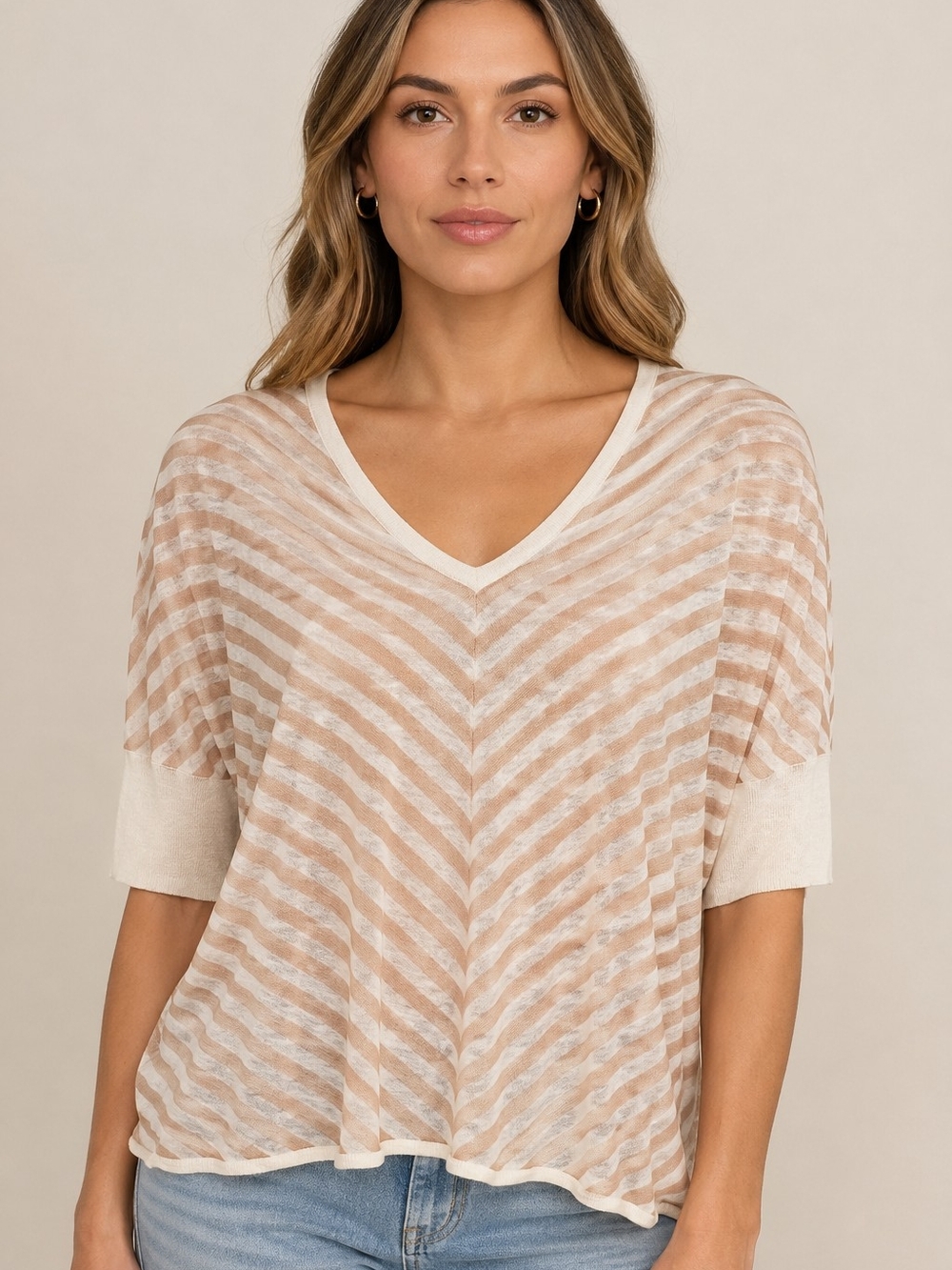 Chico's Striped Linen Blend Boxy Coastal Sheer Top Size Large